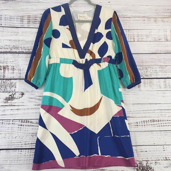 Yumi Kim Multicolor Abstract 100% Silk Dress S Plunge VNeck 3/4 Sleeve Geo Print - Picture 1 of 15
